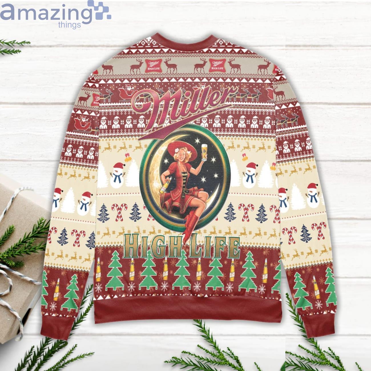 Miller High Life Pine Tree Pattern Ugly Christmas Sweater image Miller High Life Pine Tree Pattern Ugly Christmas Sweater Product Photo 3