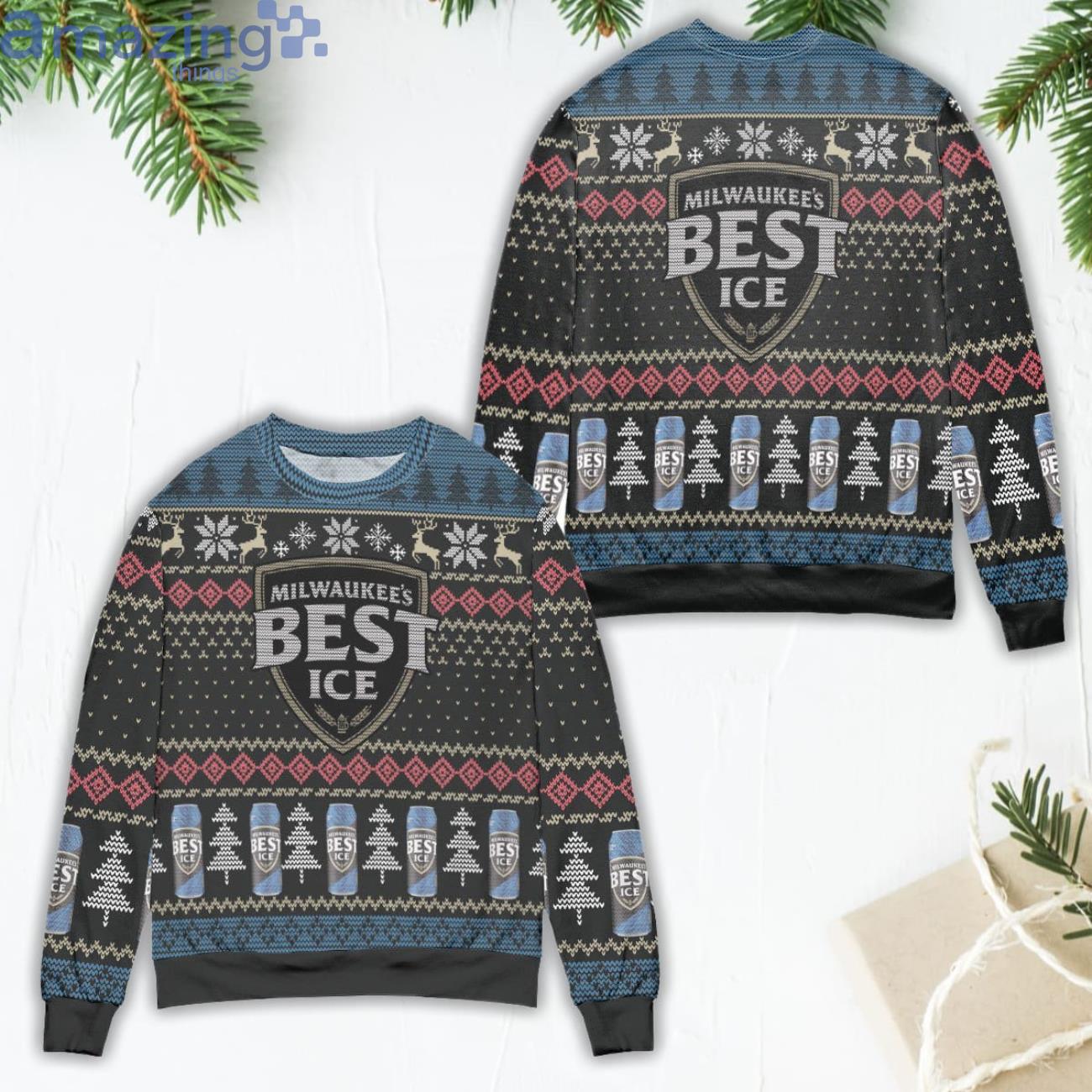 Milwaukee's Best Ice Beer Snowflake Pattern Ugly Christmas Sweater image Milwaukee's Best Ice Beer Snowflake Pattern Ugly Christmas Sweater Product Photo 1