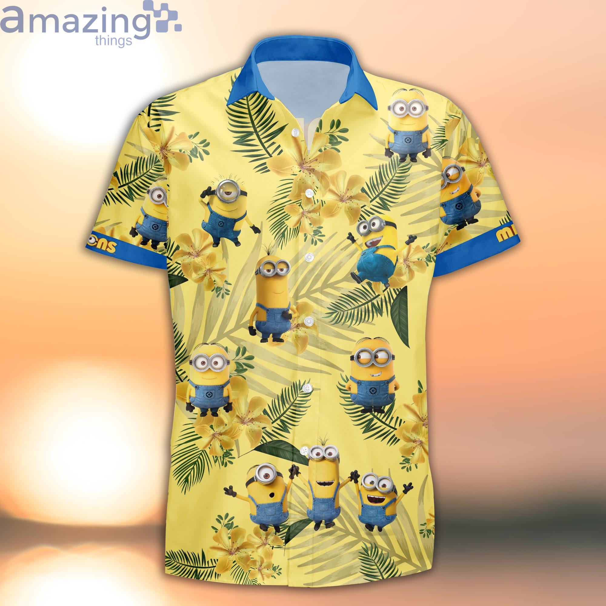 Minions Yellow Blue Palm Tree Strips Summer Tropical Disney Hawaiian Shirt Product Photo 1