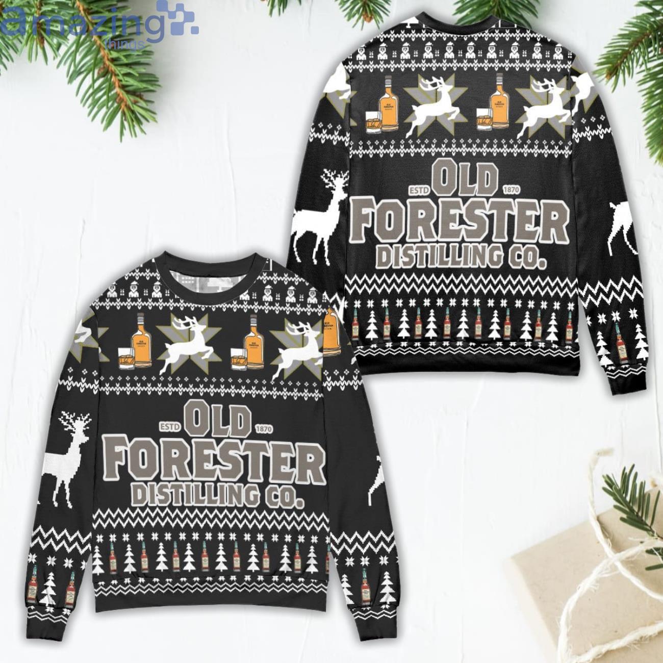 Old Forester Bourbon Whiskey Logo Ugly Christmas Sweater Product Photo 1 Old Forester Bourbon Whiskey Logo Ugly Christmas Sweater Product Photo 1