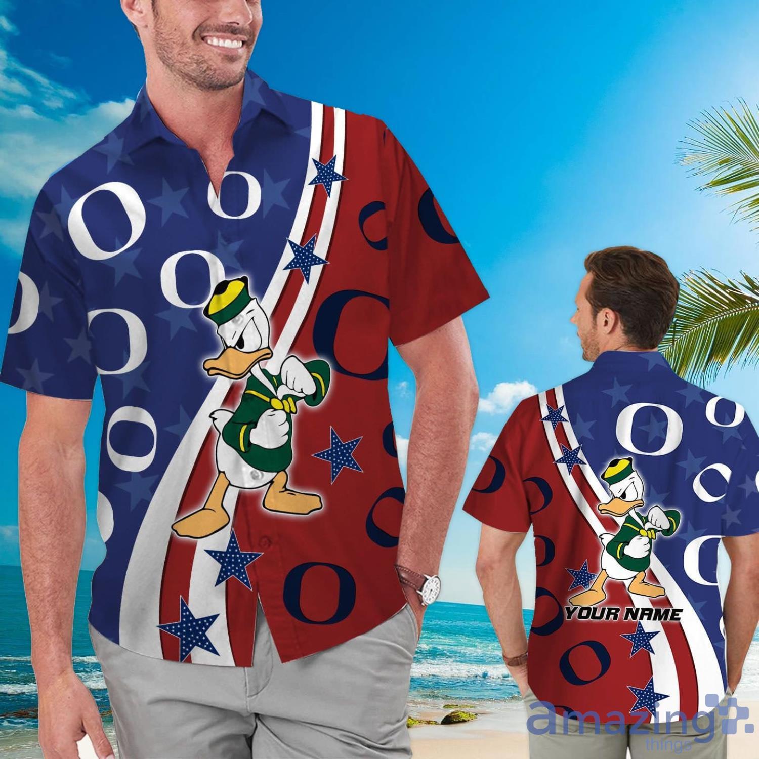 Oregon Ducks American Flag Custom Name Hawaiian Shirt Product Photo 1