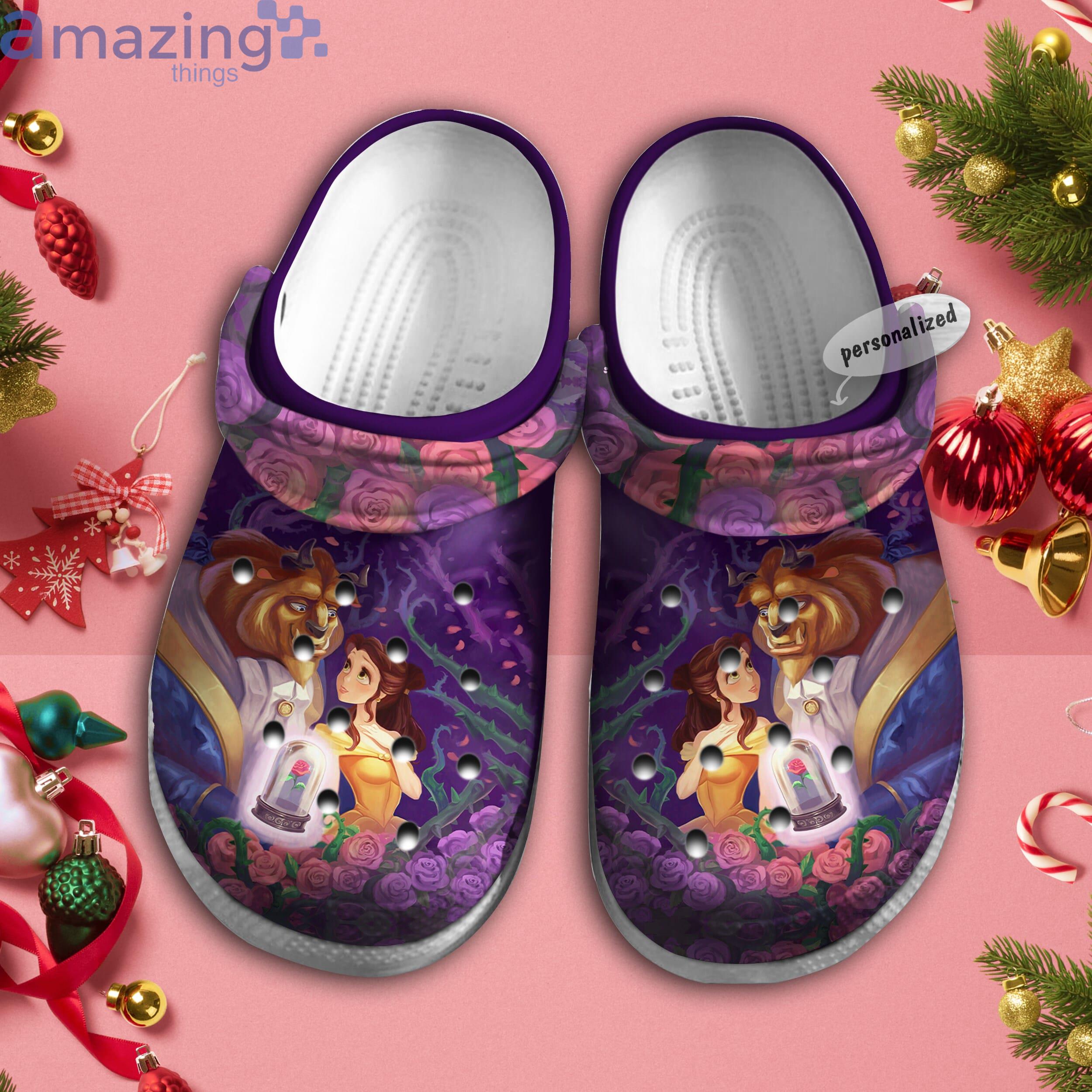 Personalized Name Beauty and the Beast Pink Flowers Purple Disney Cartoon Clog For Men And Women Product Photo 1