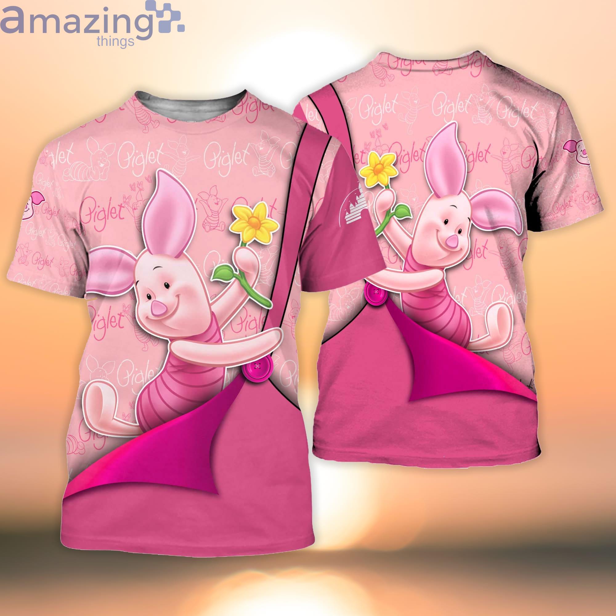Piglet With Flower Pink Button Overalls Patterns Disney Cartoon 3D T-Shirt Product Photo 1