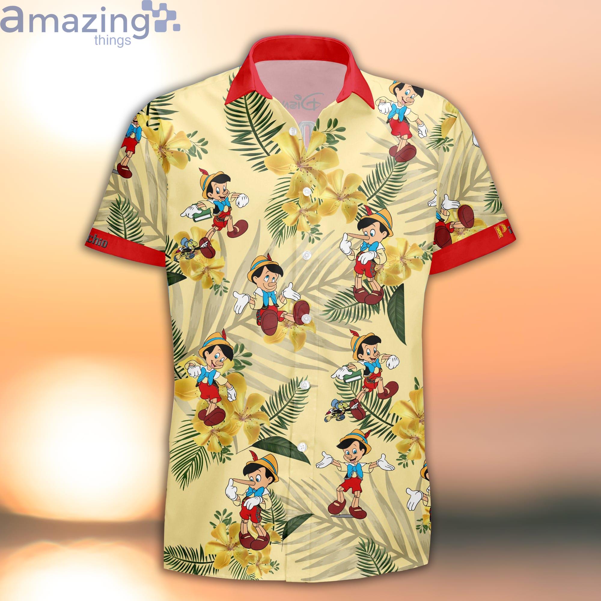 Pinocchio Yellow Red Floral Strips Summer Tropical Disney Hawaiian Shirt Product Photo 1