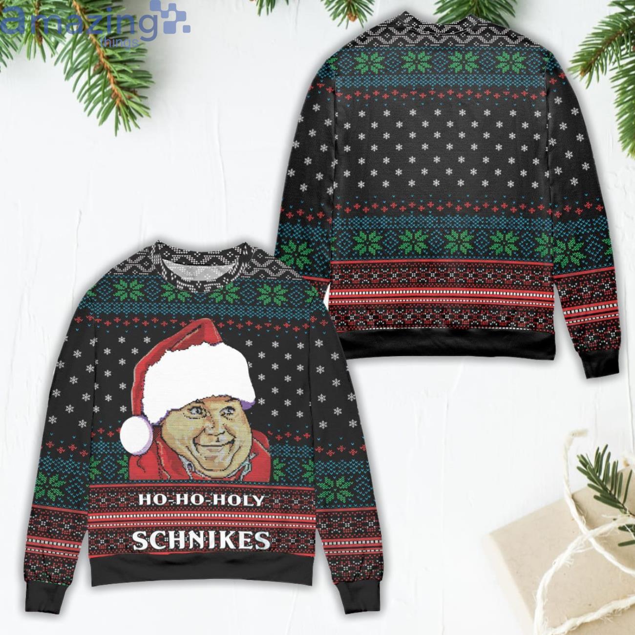 Pretty Tommy Boy Ho Ho Holy Schnikes Snowflake Pattern Ugly Christmas Sweater Product Photo 1 Pretty Tommy Boy Ho Ho Holy Schnikes Snowflake Pattern Ugly Christmas Sweater Product Photo 1