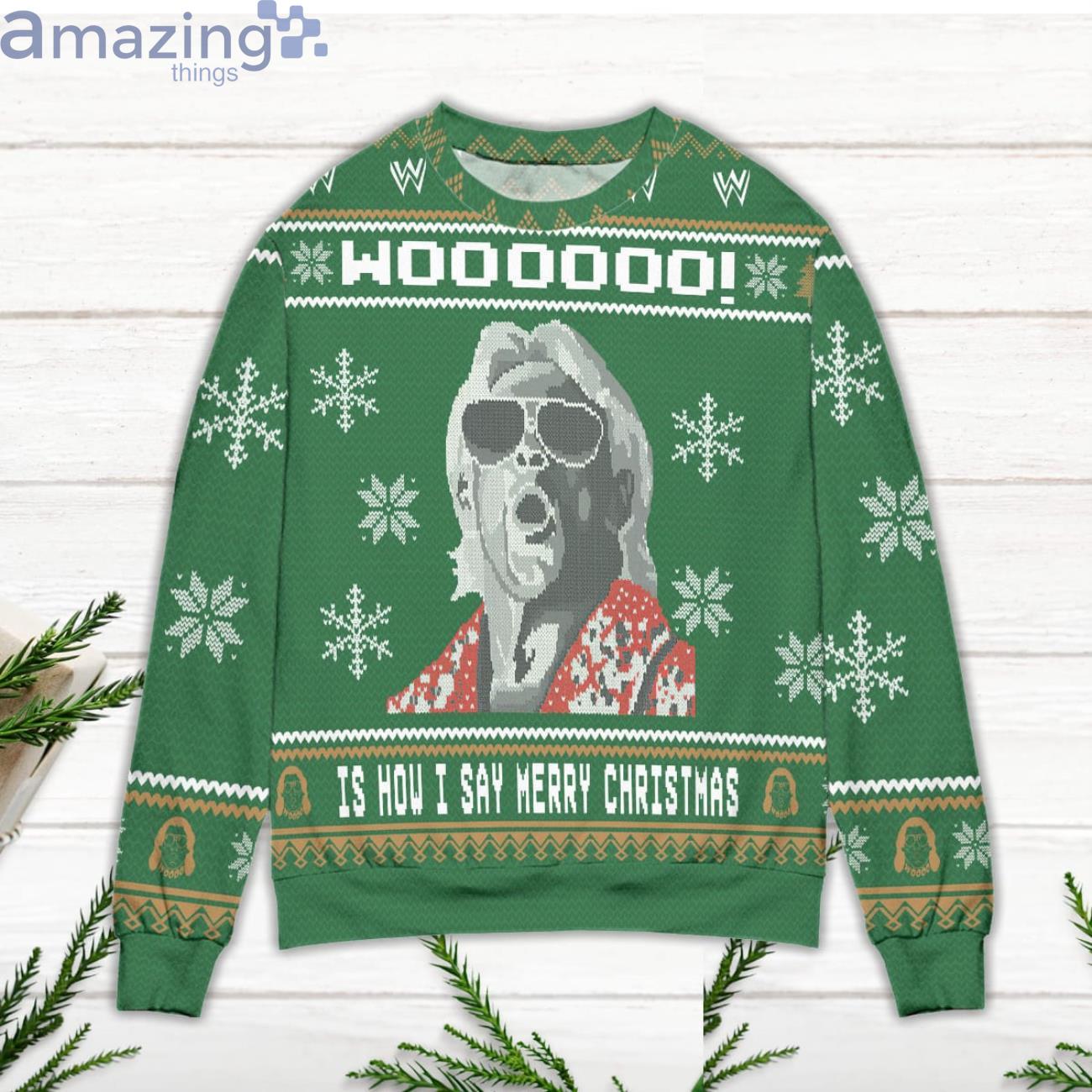 Ric Flair Woooo Is How I Say Merry Christmas Snowflake Pattern Ugly Christmas Sweater image Ric Flair Woooo - Is How I Say Merry Christmas Snowflake Pattern Ugly Christmas Sweater Product Photo 3