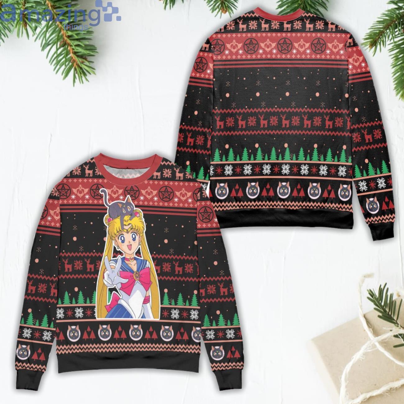 Sailor Moon Snowflake And Pine Tree Ugly Christmas Sweater Product Photo 1 Sailor Moon Snowflake And Pine Tree Ugly Christmas Sweater Product Photo 1