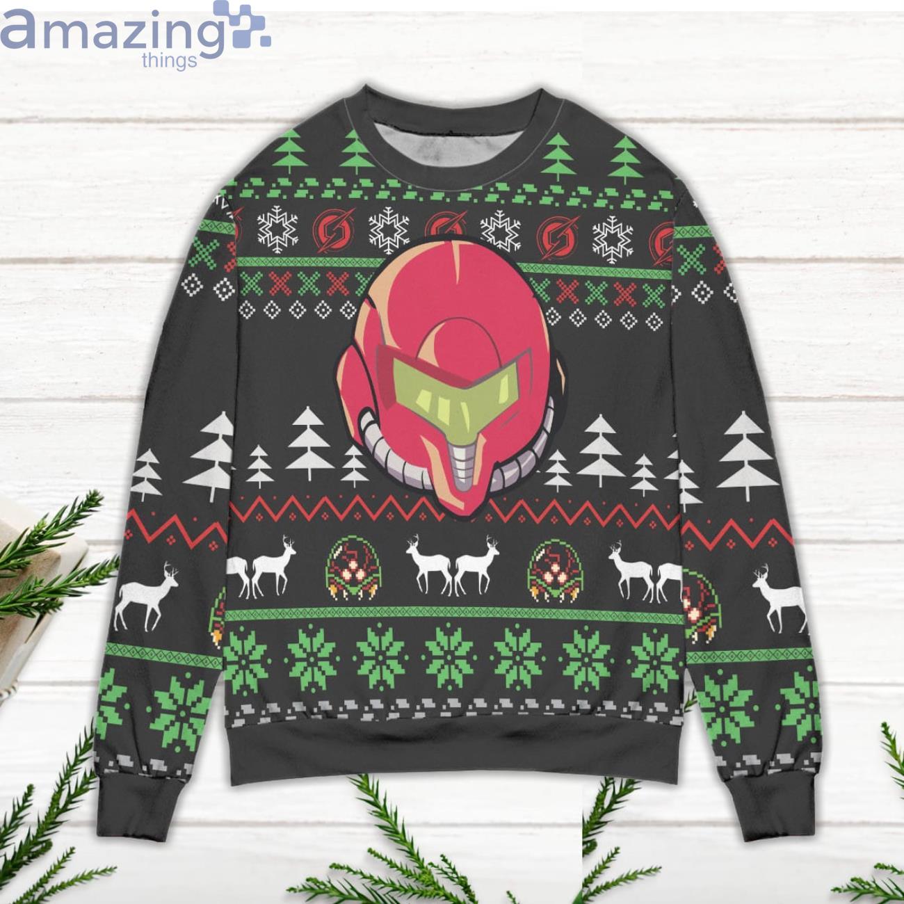 Samus Aran Helmet Pine Tree Pattern Ugly Christmas Sweater image Samus Aran Helmet Pine Tree Pattern Ugly Christmas Sweater Product Photo 2