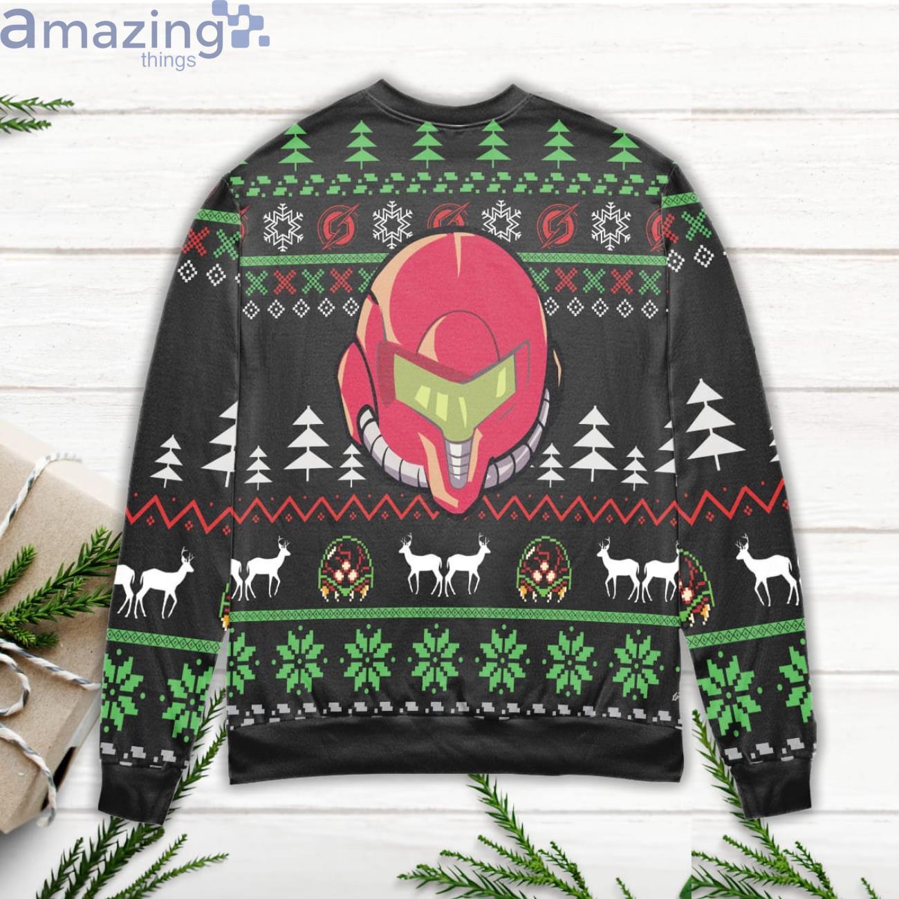 Samus Aran Helmet Pine Tree Pattern Ugly Christmas Sweater image Samus Aran Helmet Pine Tree Pattern Ugly Christmas Sweater Product Photo 3
