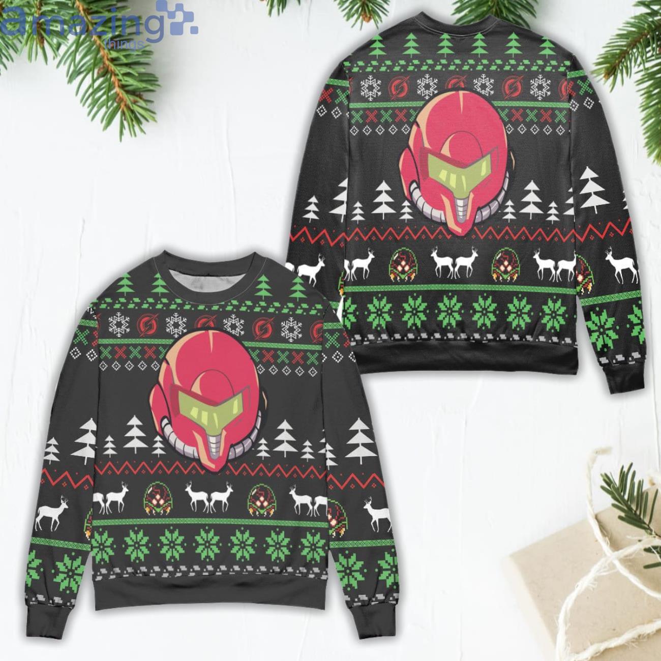 Samus Aran Helmet Pine Tree Pattern Ugly Christmas Sweater Product Photo 1 Samus Aran Helmet Pine Tree Pattern Ugly Christmas Sweater Product Photo 1
