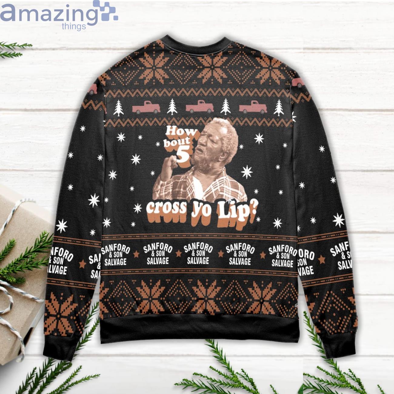 Sanford And Son Salvage How About 5 Cross Your Lips Snowflake Pattern Ugly Christmas Sweater image Sanford And Son Salvage How About 5 Cross Your Lips Snowflake Pattern Ugly Christmas Sweater Product Photo 3