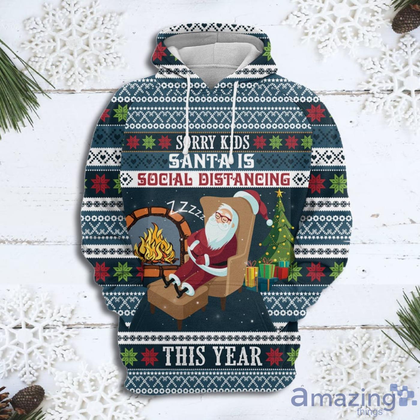 Santa Is Social Distancing Christmas Pattern All Over Print 3D Sweater Hoodie Product Photo 1