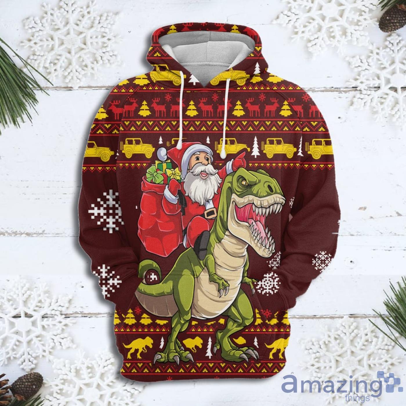 Santa On T Rex Christmas Pattern All Over Print 3D Sweater Hoodie Product Photo 1