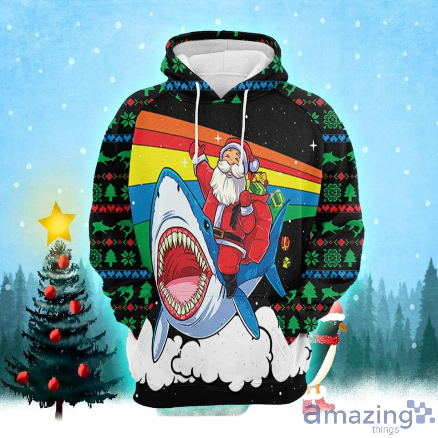 Santa Riding Shark Christmas Pattern All Over Print 3D Sweater Hoodie Product Photo 1