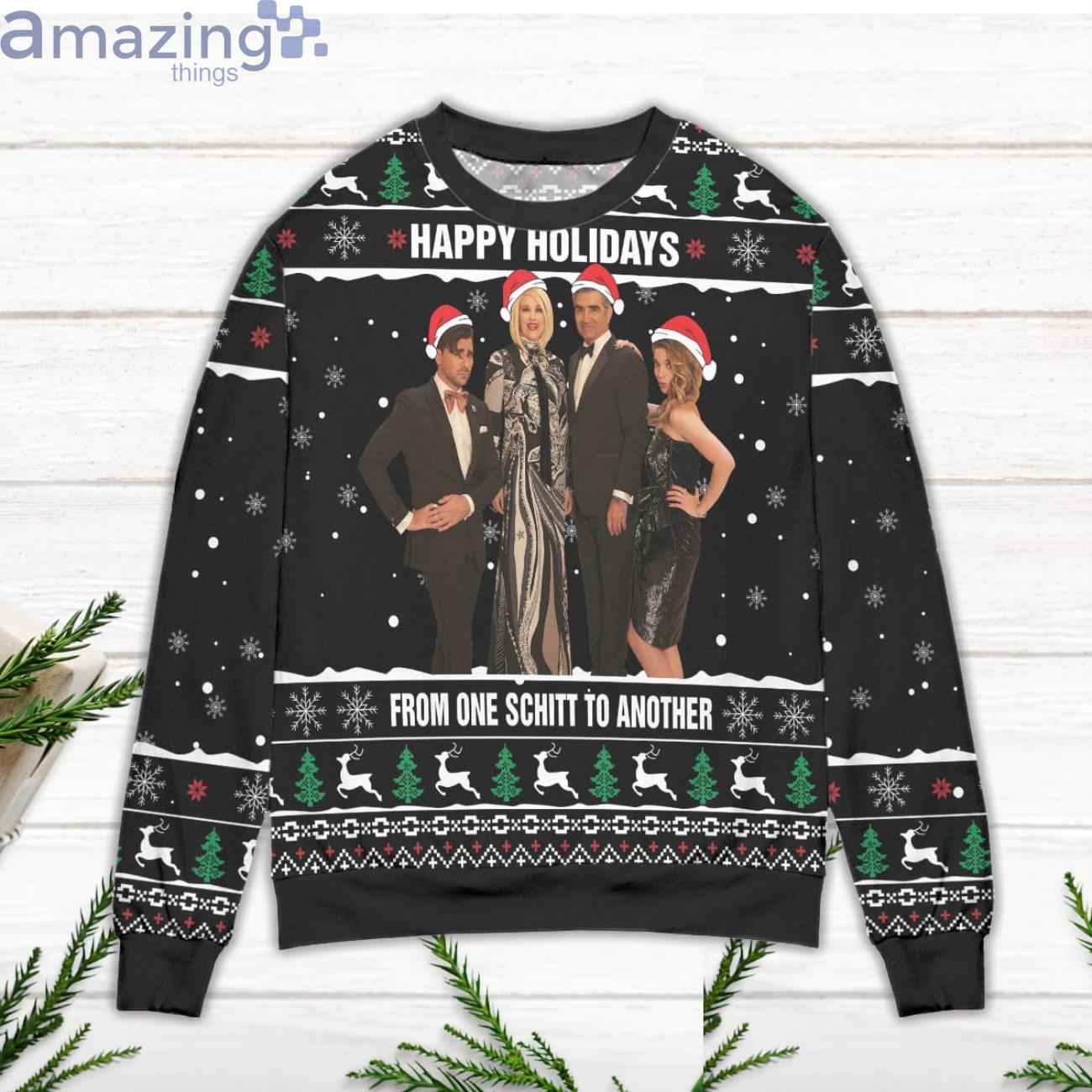 Schitt's Creek Happy Holiday From One Schitt To Another Pine Tree And Snowflake Pattern Ugly Christmas Sweater image Schitt's Creek Happy Holiday From One Schitt To Another Pine Tree And Snowflake Pattern Ugly Christmas Sweater
