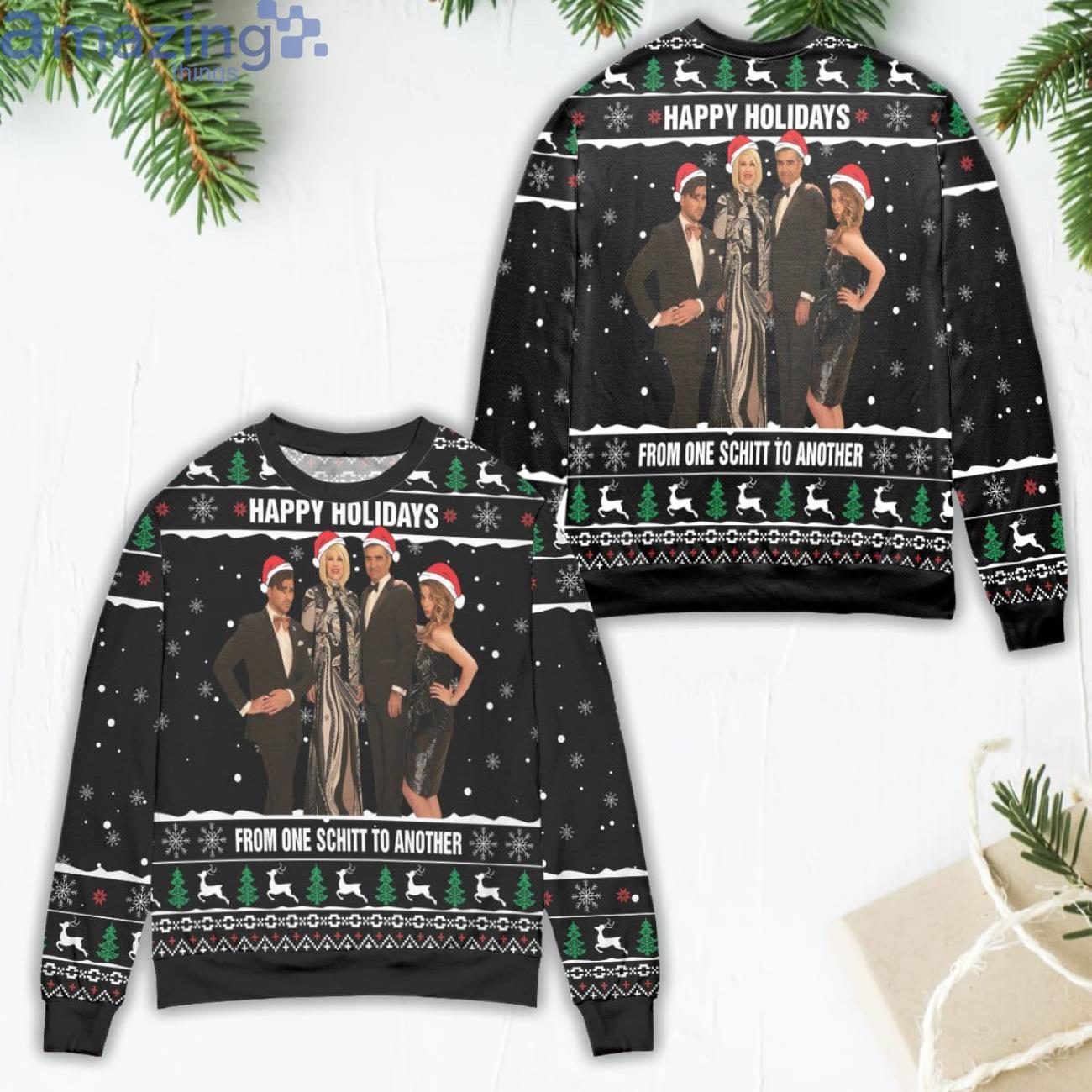 Schitt's Creek Happy Holiday From One Schitt To Another Pine Tree And Snowflake Pattern Ugly Christmas Sweater image Schitt's Creek Happy Holiday From One Schitt To Another Pine Tree And Snowflake Pattern Ugly Christmas Sweater Product Photo 1