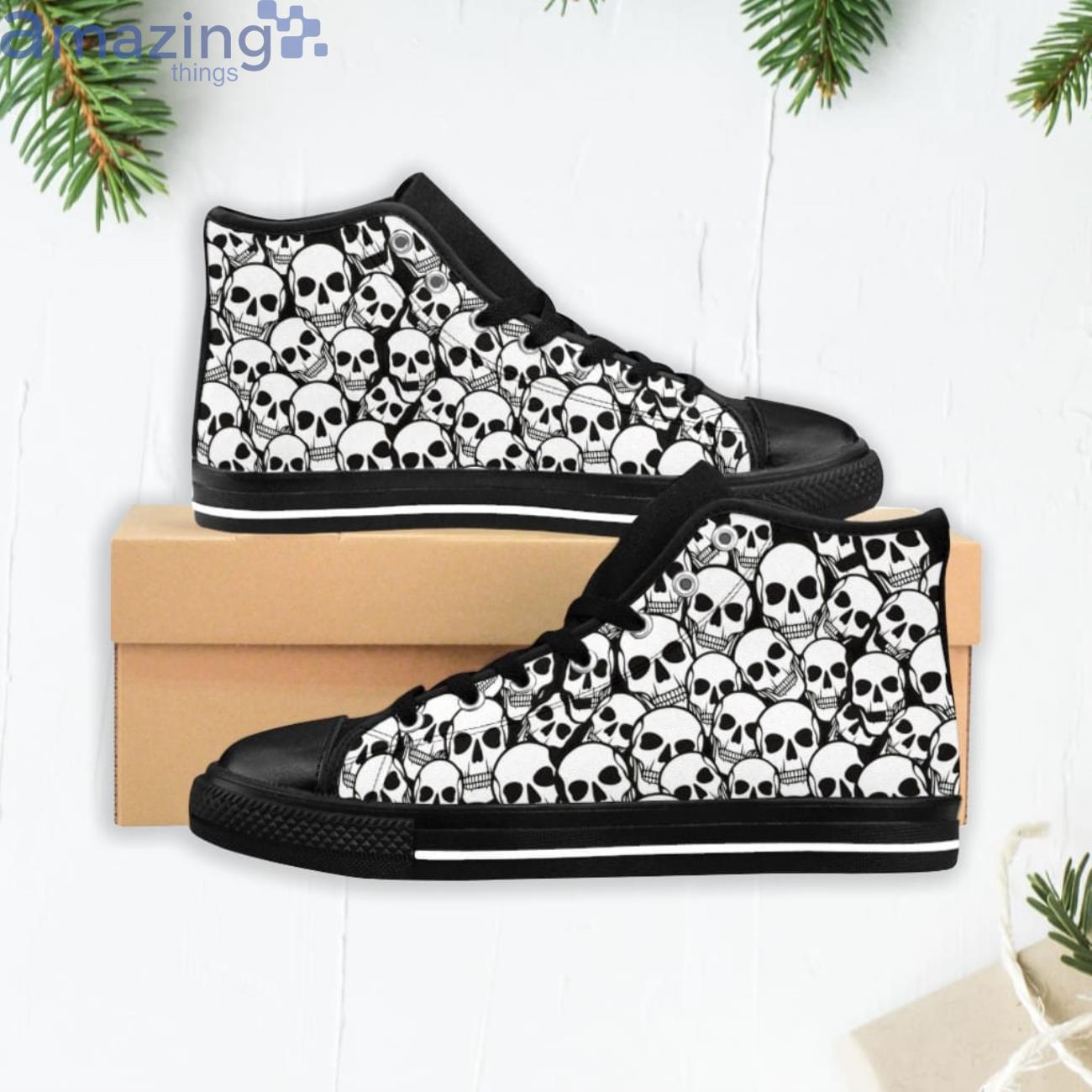 Skull Pattern Sneakers Spooky Black Skull High Top Shoes Product Photo 1