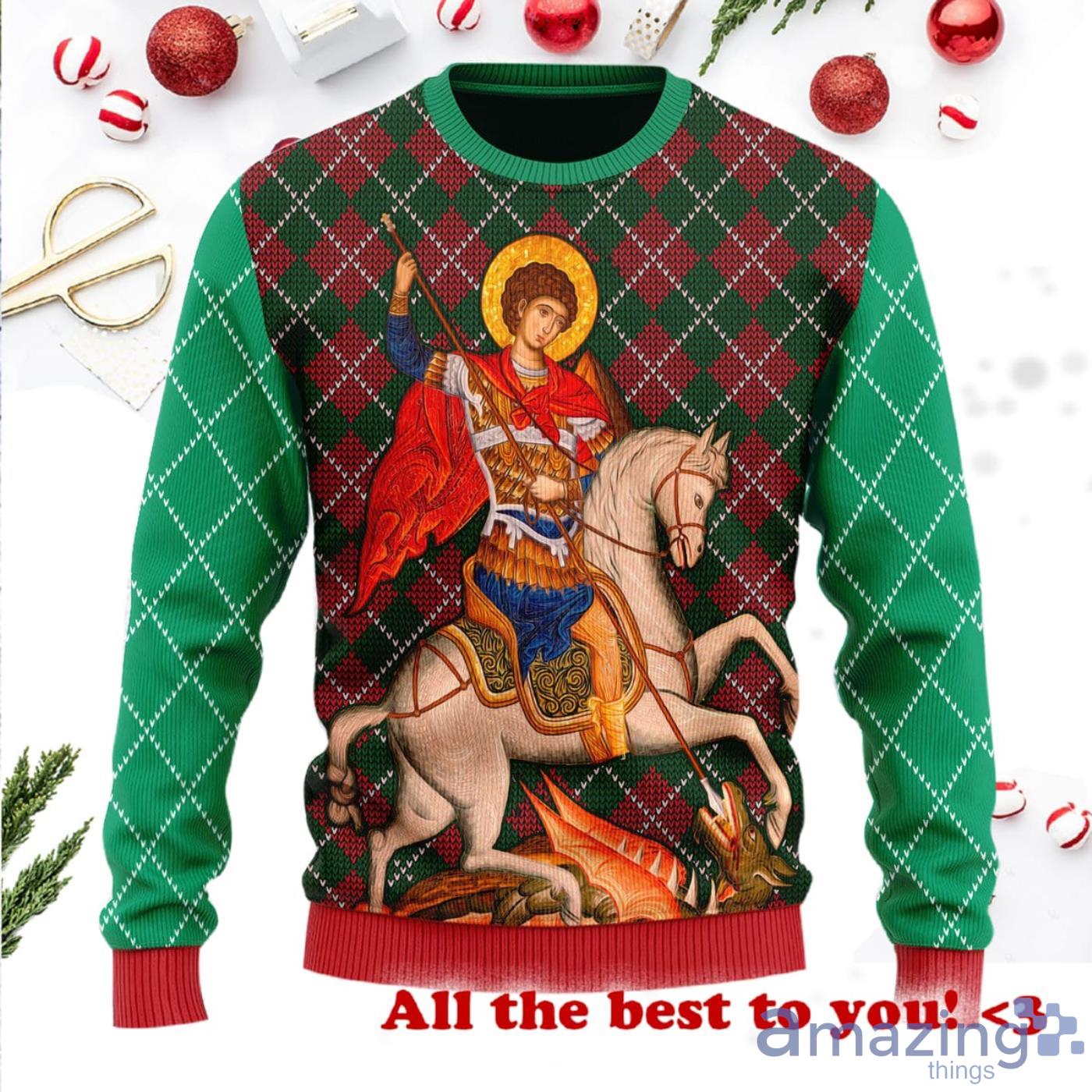 St George And Horse Wool Knitting Pattern Christmas Ugly Sweater Product Photo 1