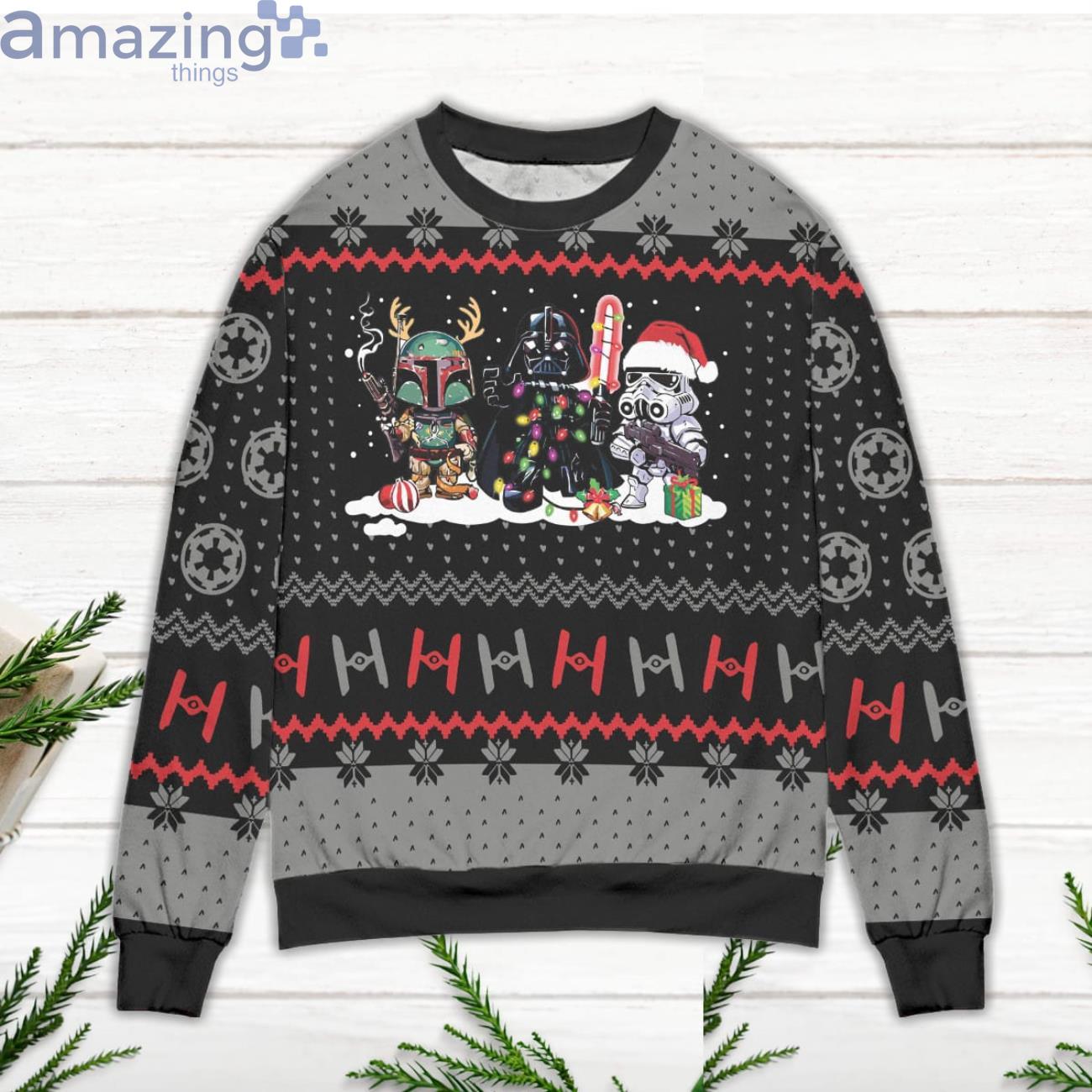 Star Wars Darth Vader Stormtrooper & Boba Fett Xmas Pattern Ugly Christmas Sweater image Star Wars Darth Vader Stormtrooper & Boba Fett Xmas Pattern Ugly Christmas Sweater Product Photo 2