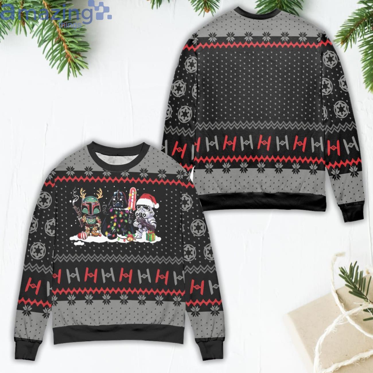 Star Wars Darth Vader Stormtrooper & Boba Fett Xmas Pattern Ugly Christmas Sweater Product Photo 1 Star Wars Darth Vader Stormtrooper & Boba Fett Xmas Pattern Ugly Christmas Sweater Product Photo 1