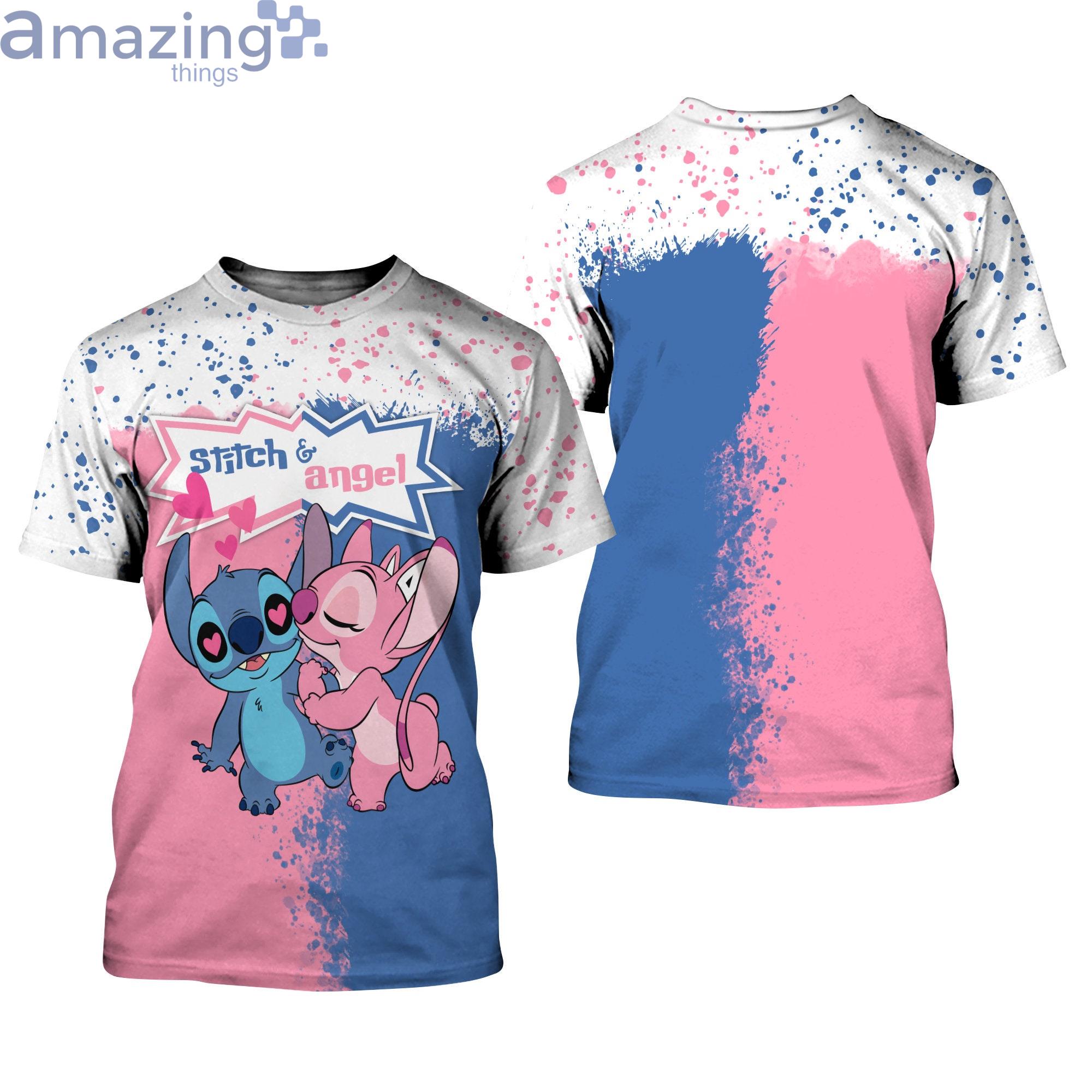 Stitch & Angel Blue Pink Splatter Paint Disney Cartoon 3D T-Shirts Product Photo 1