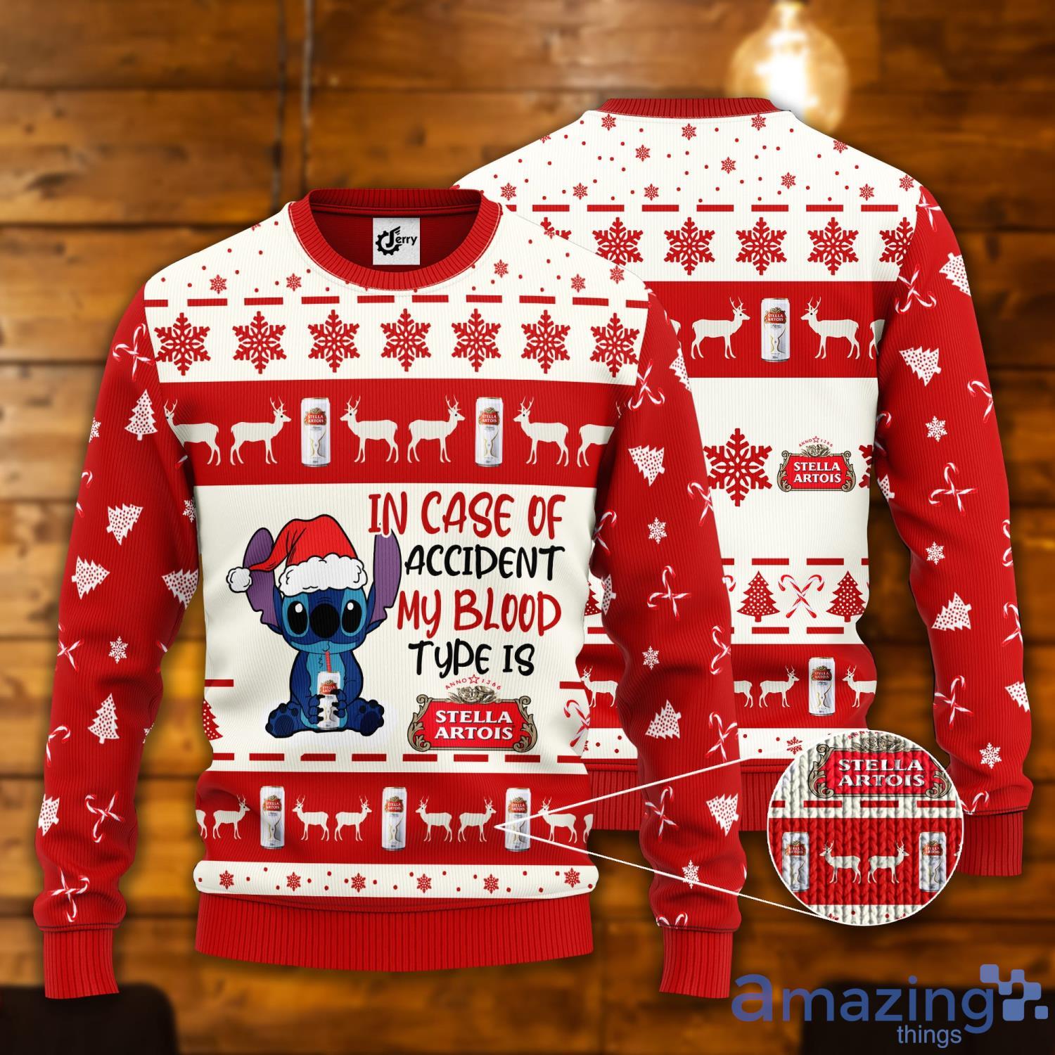 Stitch In Case Of Accident My Blood Type Is Stella Artois Ugly Christmas Sweater Product Photo 1 Stitch In Case Of Accident My Blood Type Is Stella Artois Ugly Christmas Sweater Product Photo 1