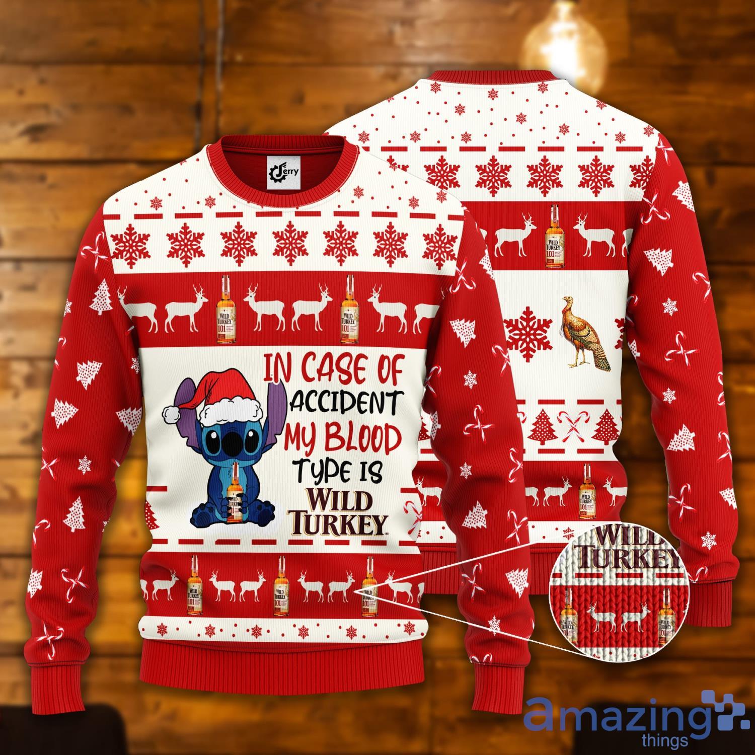 Stitch In Case Of Accident My Blood Type Is Wild Turkey Ugly Christmas Sweater Product Photo 1