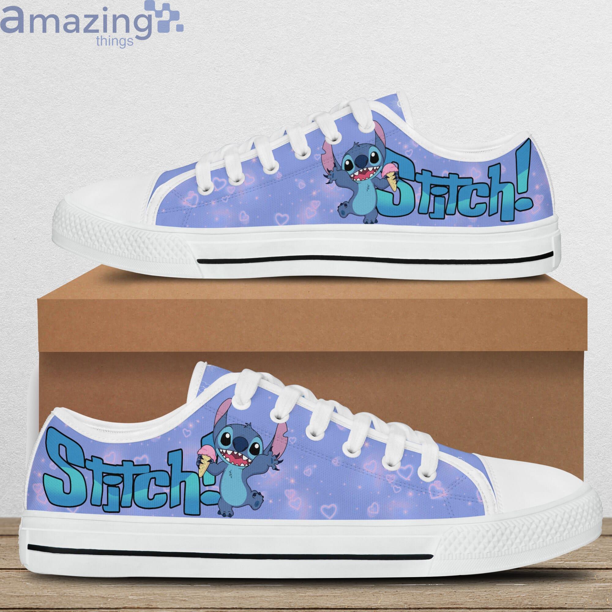 Stitch Pink Hearts Blue Patterns Green Disney Cartoon Sneakers Low Top  Canvas Shoes