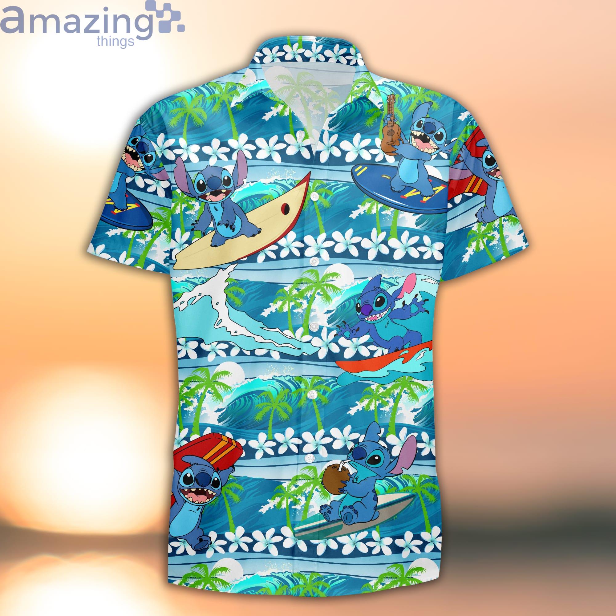 Stitch Surfing Blue Green Summer Tropical Disney Hawaiian Shirt