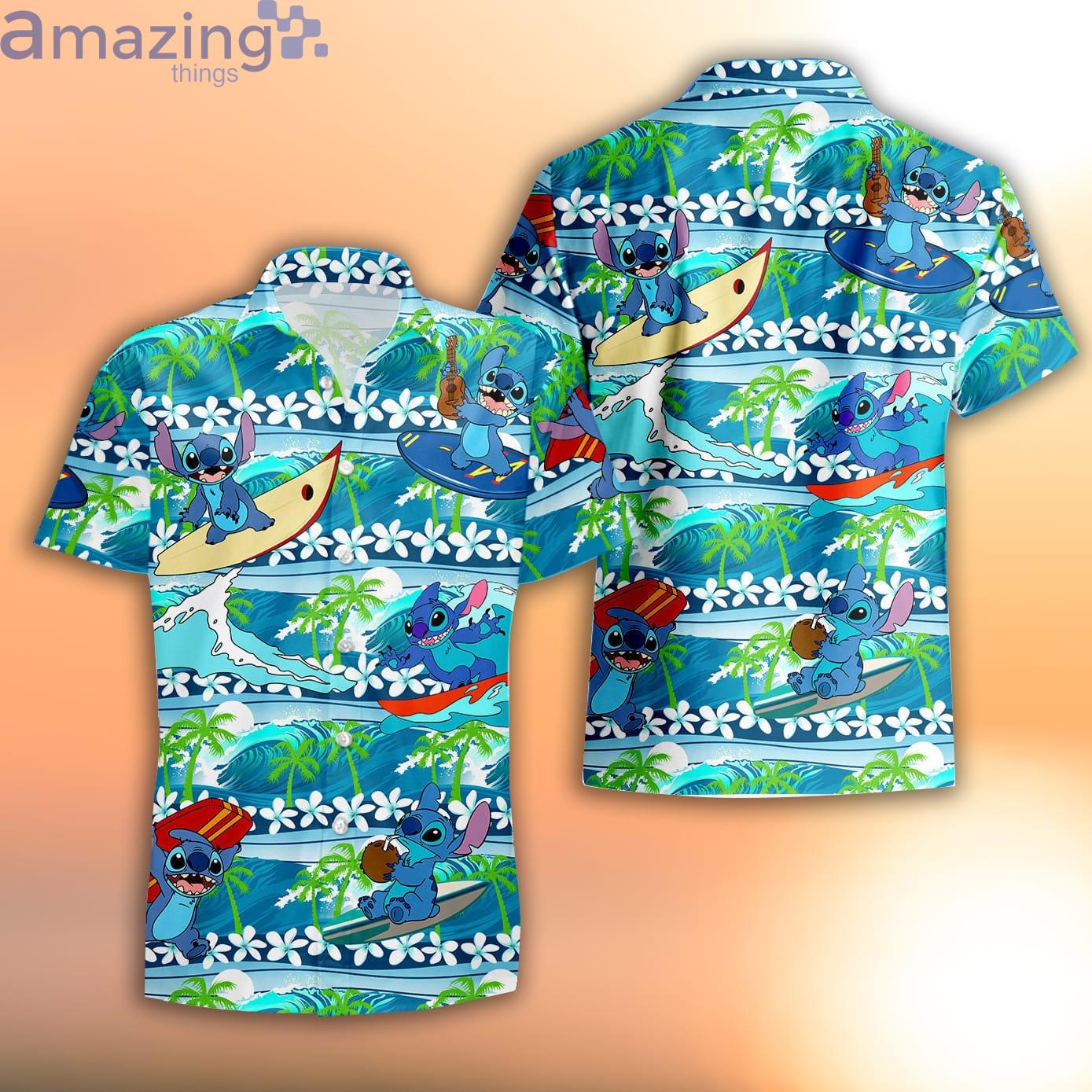 Stitch Surfing Blue Green Summer Tropical Disney Hawaiian Shirt Product Photo 1