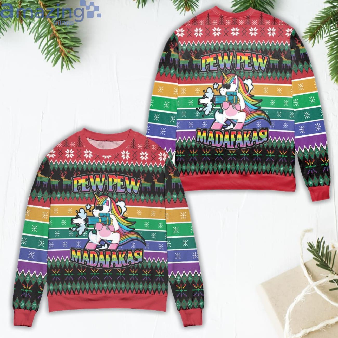 Unicorn Pew Pew Madafakas Ugly Christmas Sweater Product Photo 1 Unicorn Pew Pew Madafakas Ugly Christmas Sweater Product Photo 1