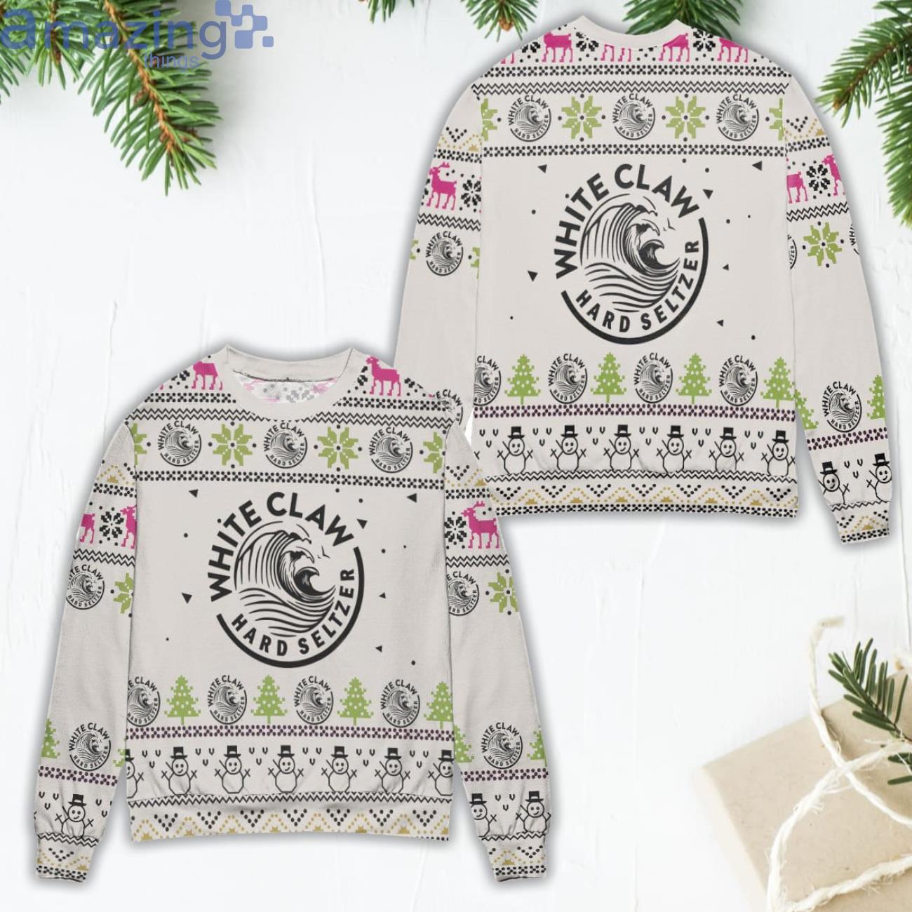 White Claw Hard Seltzer Snowman Pattern Ugly Christmas Sweater Product Photo 1 White Claw Hard Seltzer Snowman Pattern Ugly Christmas Sweater Product Photo 1