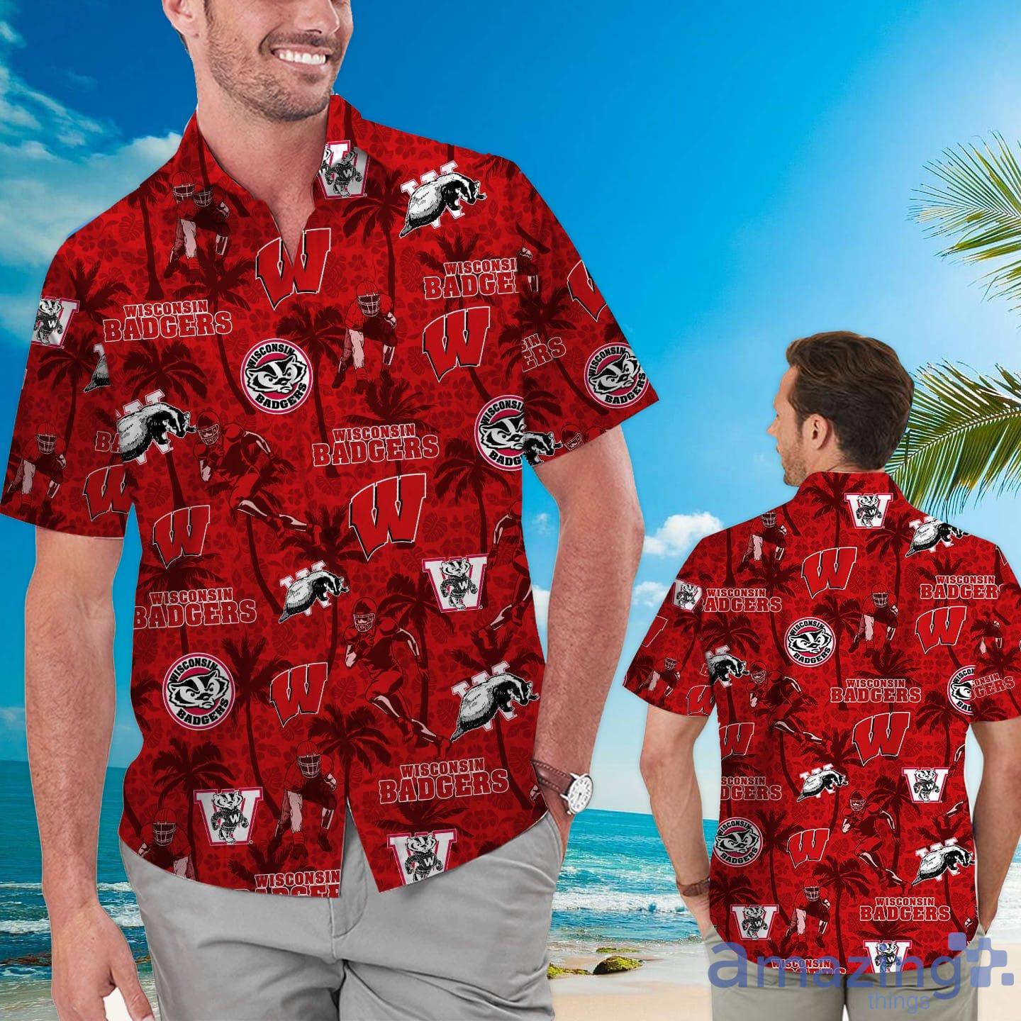 Wisconsin Badgers Custom Name Tropical Beach Coconut Tree Hawaiian Shirt Product Photo 1