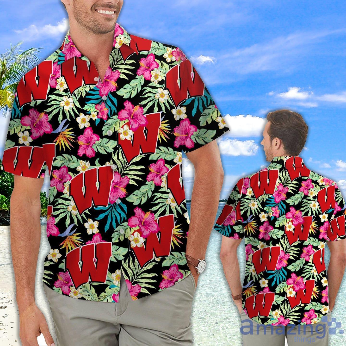 Wisconsin Badgers Hibiscus Hawaiian Shirt For Fans Product Photo 1