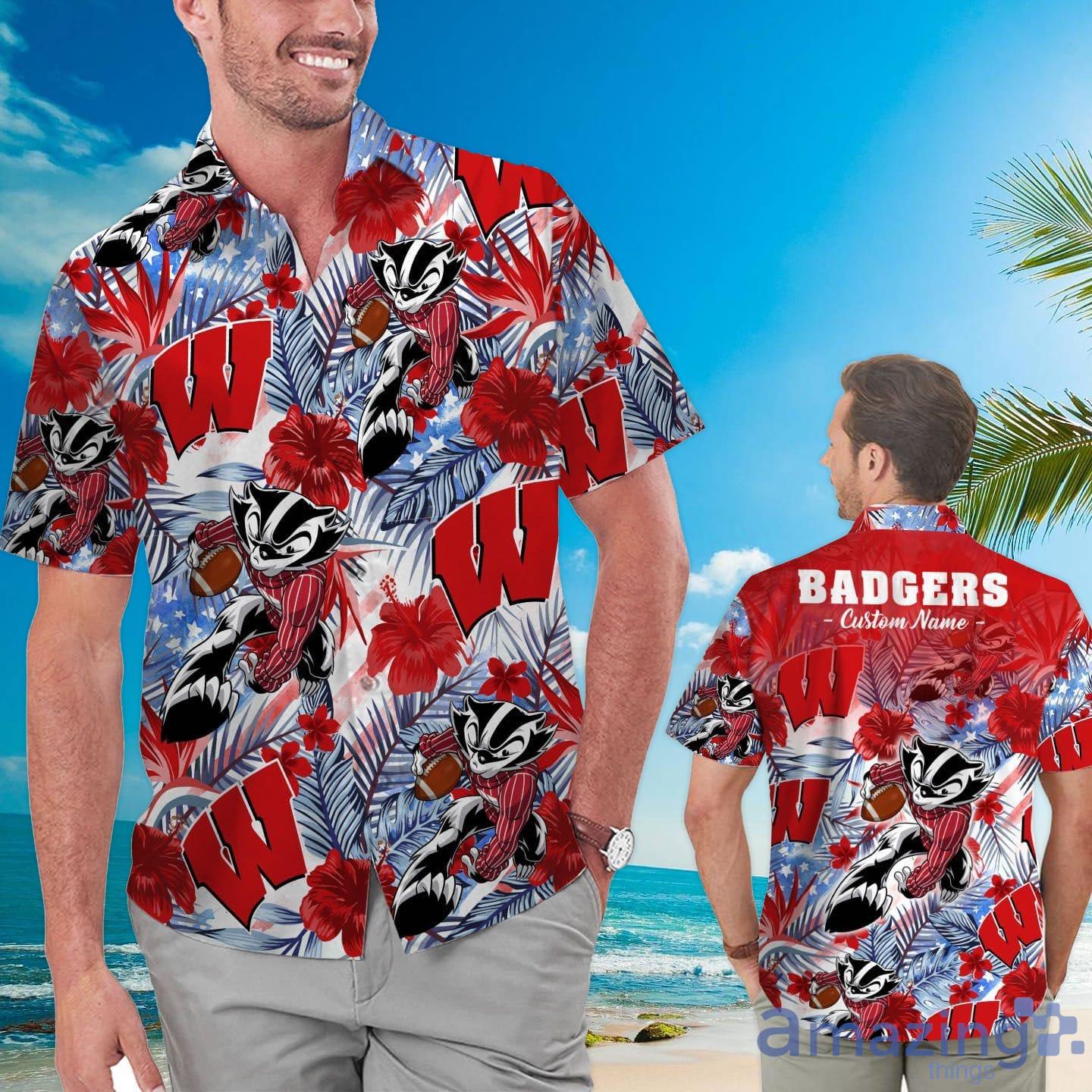 Wisconsin Badgers Tropical Floral Custom Name Aloha Hawaiian Shirt Product Photo 1