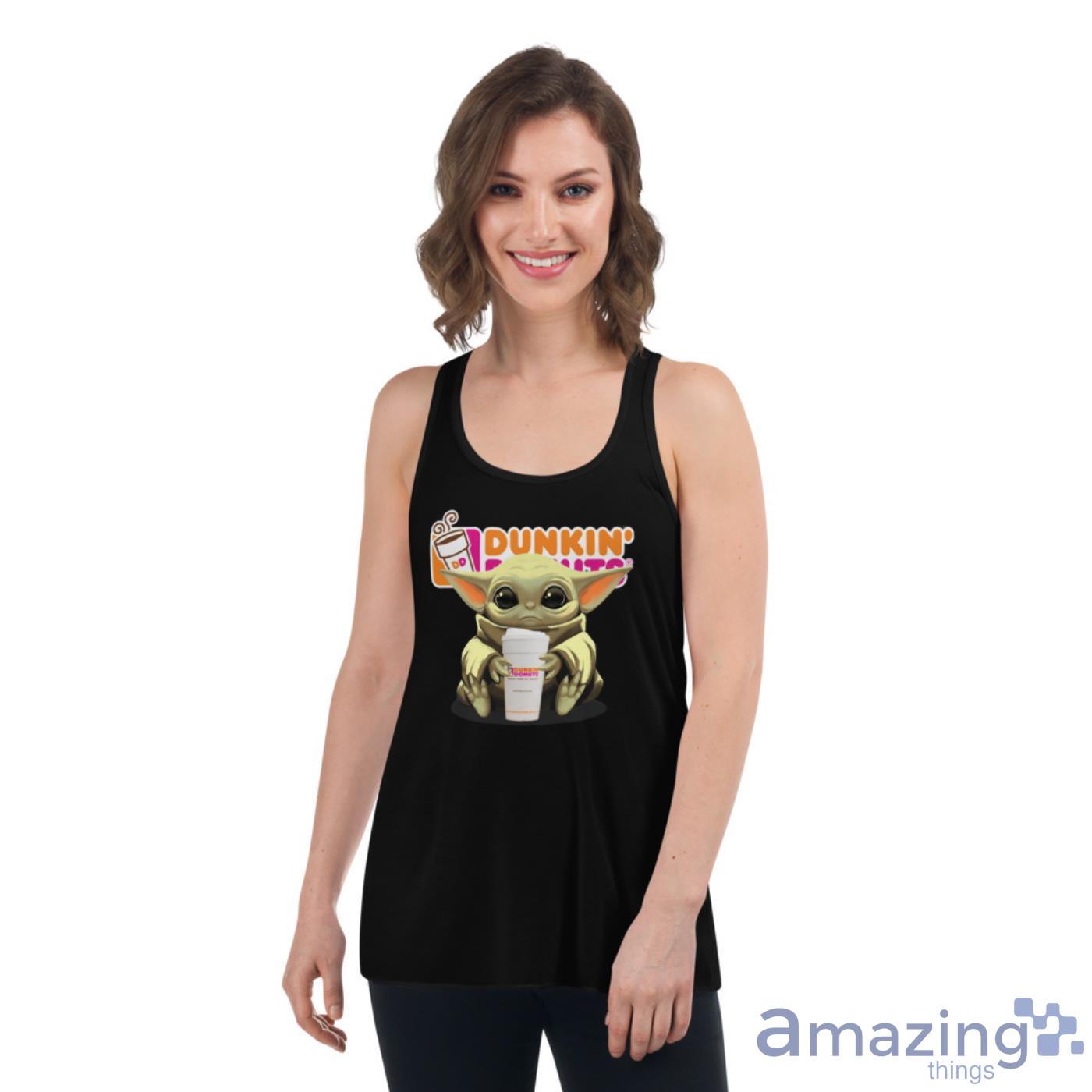 Baby Yoda Hugs Dunkin’ Donuts Cup Star Wars Shirts image Baby Yoda Hugs Dunkin’ Donuts Cup Star Wars Shirts - Womens Flowy Racerback Tank