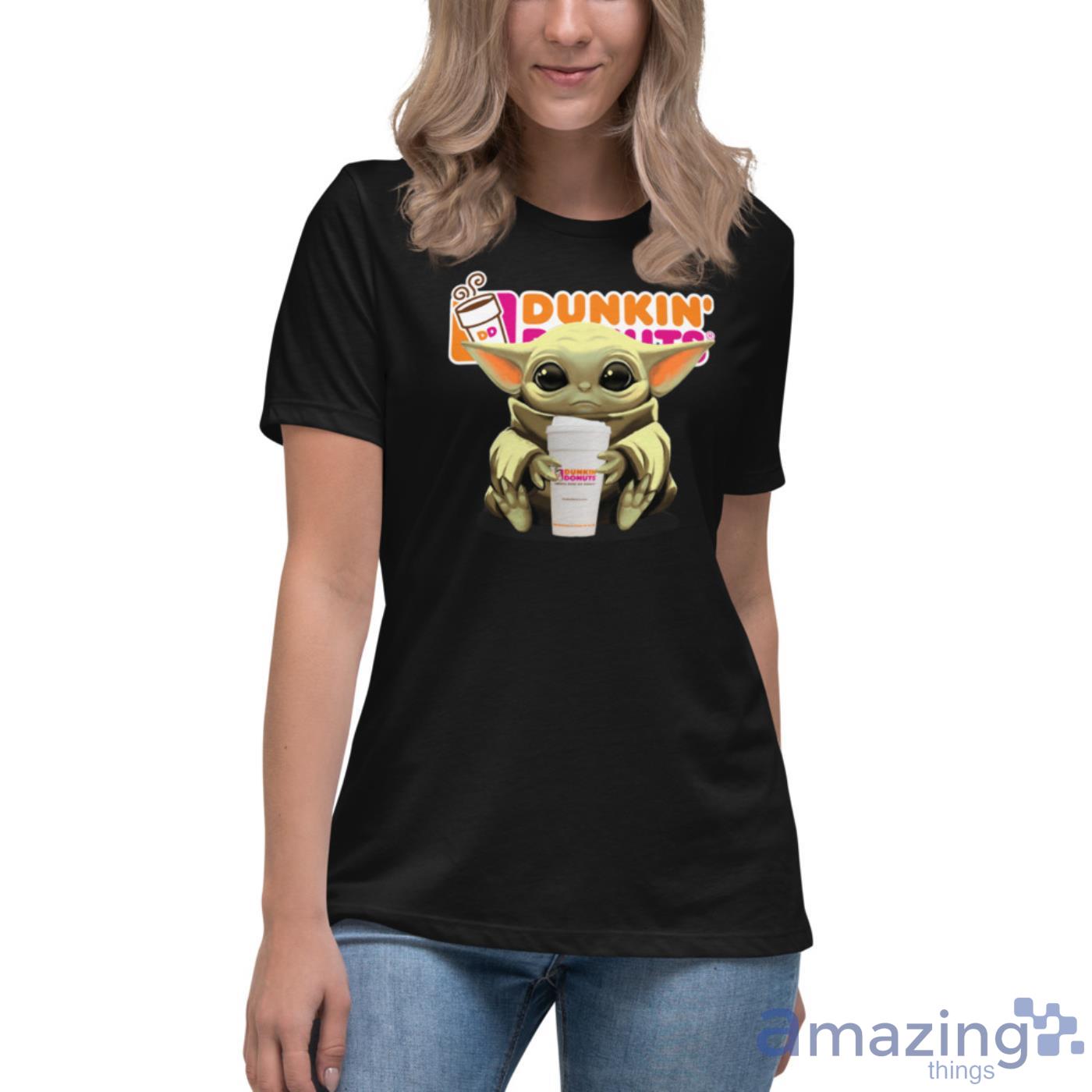 Baby Yoda Hugs Dunkin’ Donuts Cup Star Wars Shirts image Baby Yoda Hugs Dunkin’ Donuts Cup Star Wars Shirts - Womens Relaxed Short Sleeve Jersey Tee