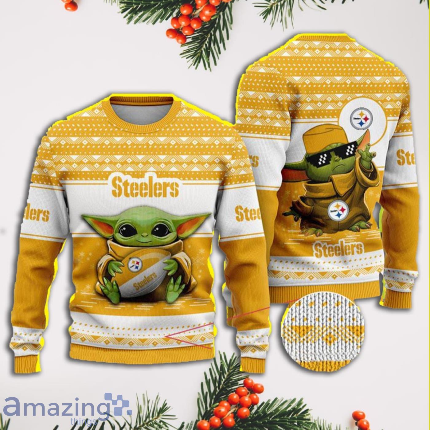 Baby Yoda NFL Pittsburgh Steelers Full Print Ugly Christmas Sweater Product Photo 1