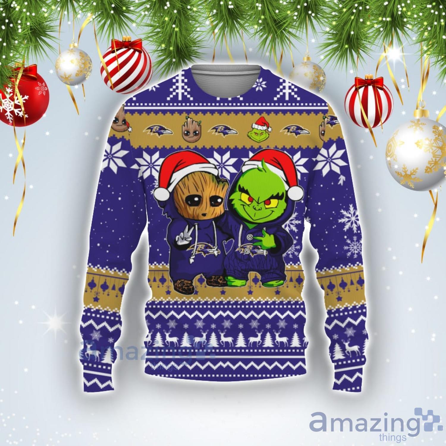 Baltimore Ravens Baby Groot And Grinch Best Friends Football Ugly Christmas  Sweater - Banantees