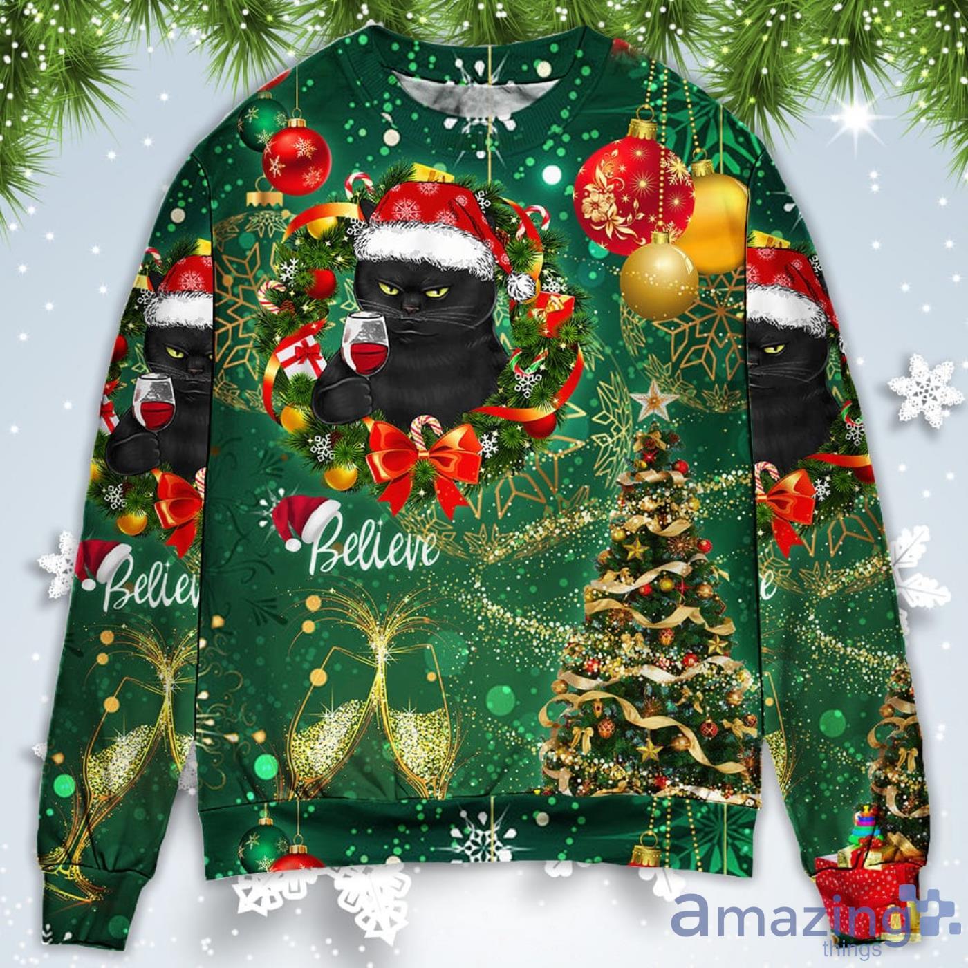 Black Cat Drinking Happy Tree Green Light Christmas Sweatshirt Sweater Product Photo 1
