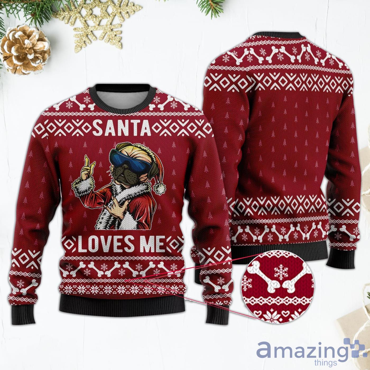 Bulldog Santa Loves Me Christmas Gift Red Ugly Christmas Sweater Product Photo 1
