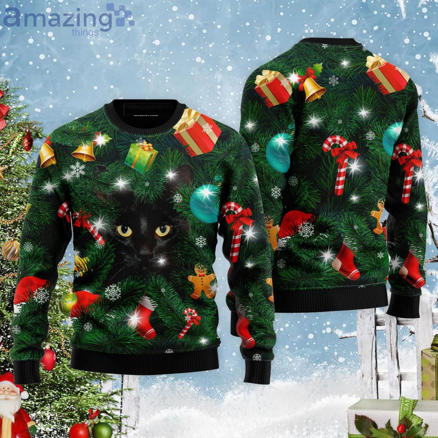 Cat Lover Black Cat Inside Tree Christmas Gift Ugly Christmas Sweater Product Photo 1