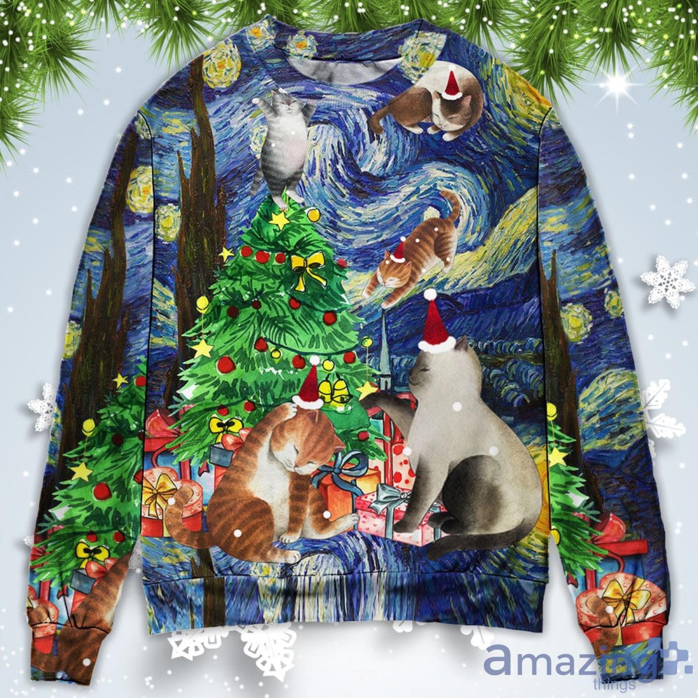 Cat Playing In Starry Night Christmas Sweatshirt Sweater Product Photo 1