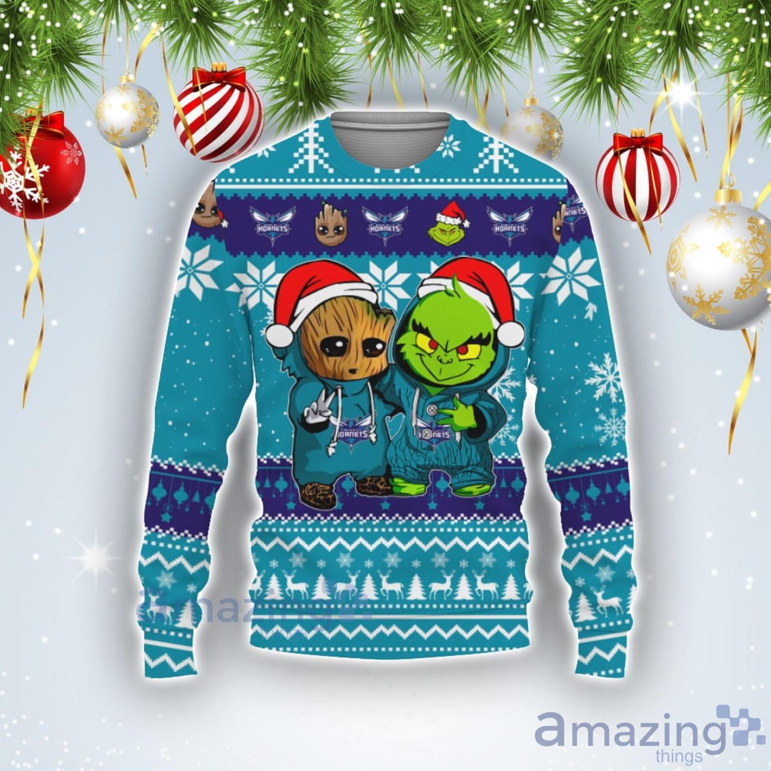 Charlotte Hornets Baby Groot And Grinch Best Friends Football American Ugly Christmas Sweater Product Photo 1