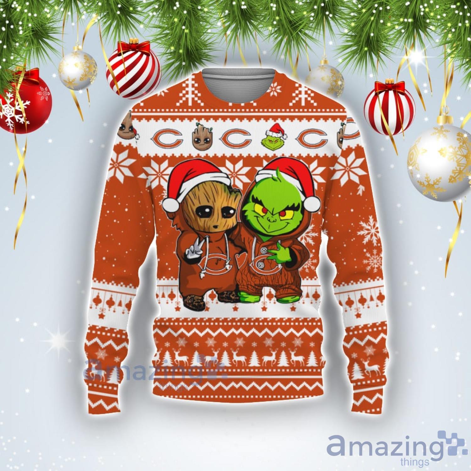 Chicago Bears Baby Groot And Grinch Best Friends Football American Ugly Christmas Sweater Product Photo 1