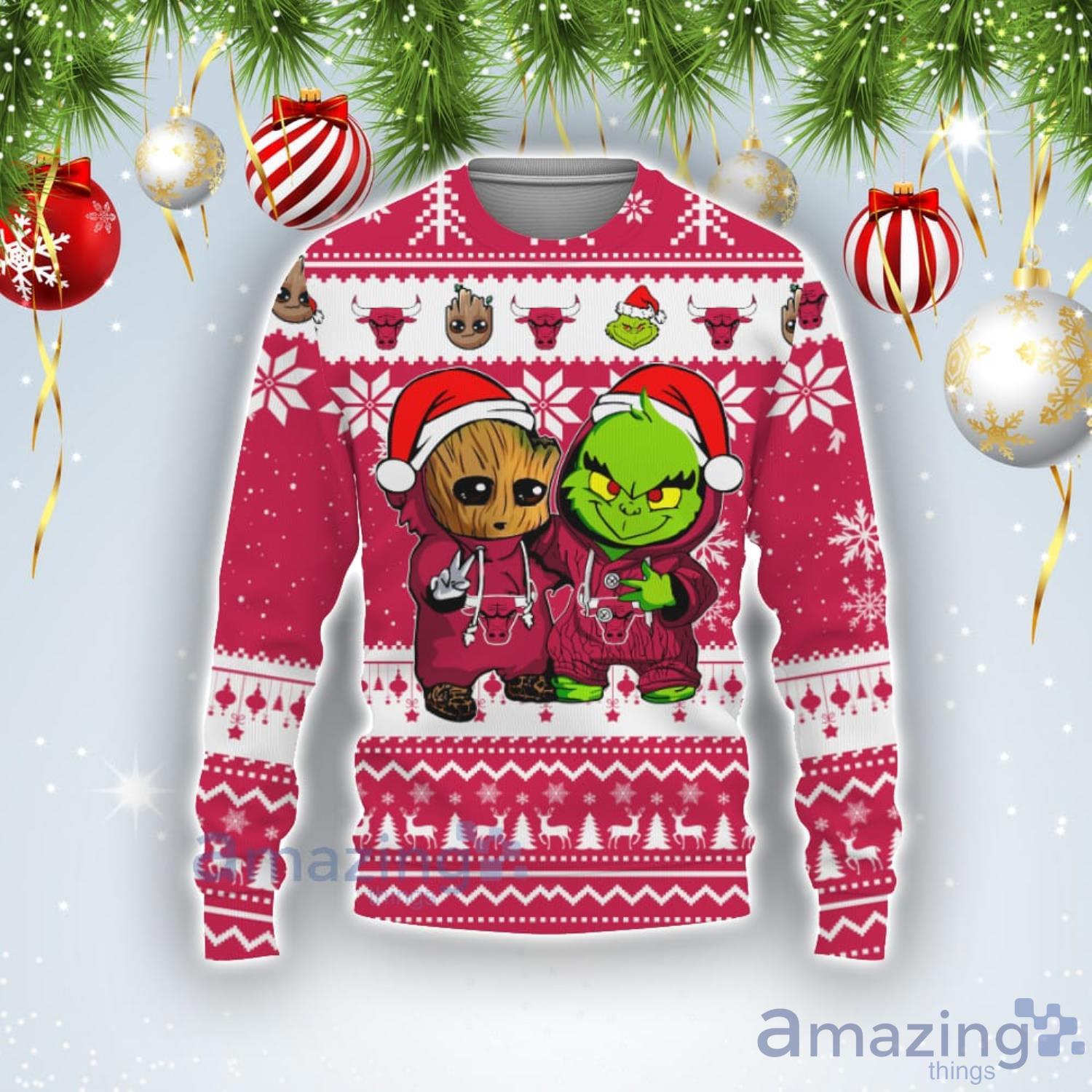 Chicago Bulls Baby Groot And Grinch Best Friends Football American Ugly Christmas Sweater Product Photo 1