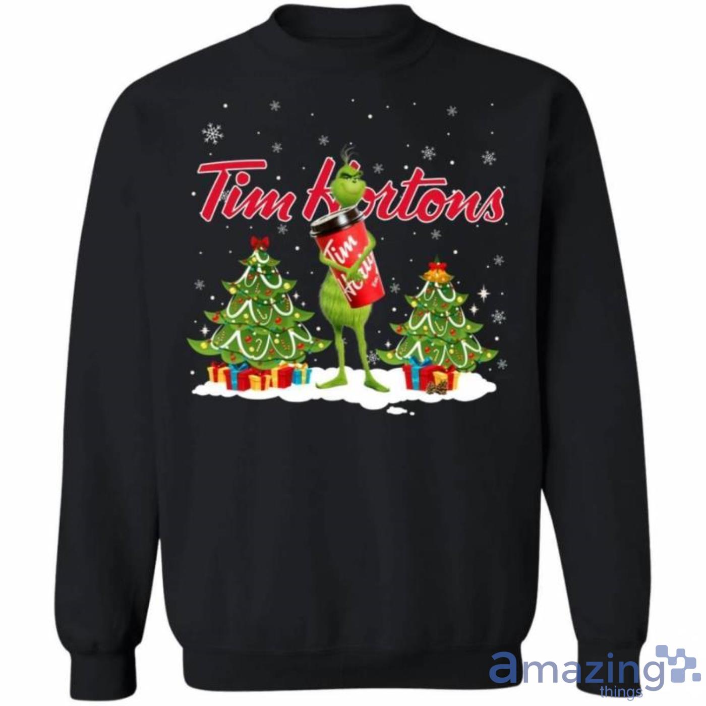 Christmas Grinch Sweater Grinch Hold Tim Horton' Coffee Funny Christmas Sweatshirt Product Photo 1