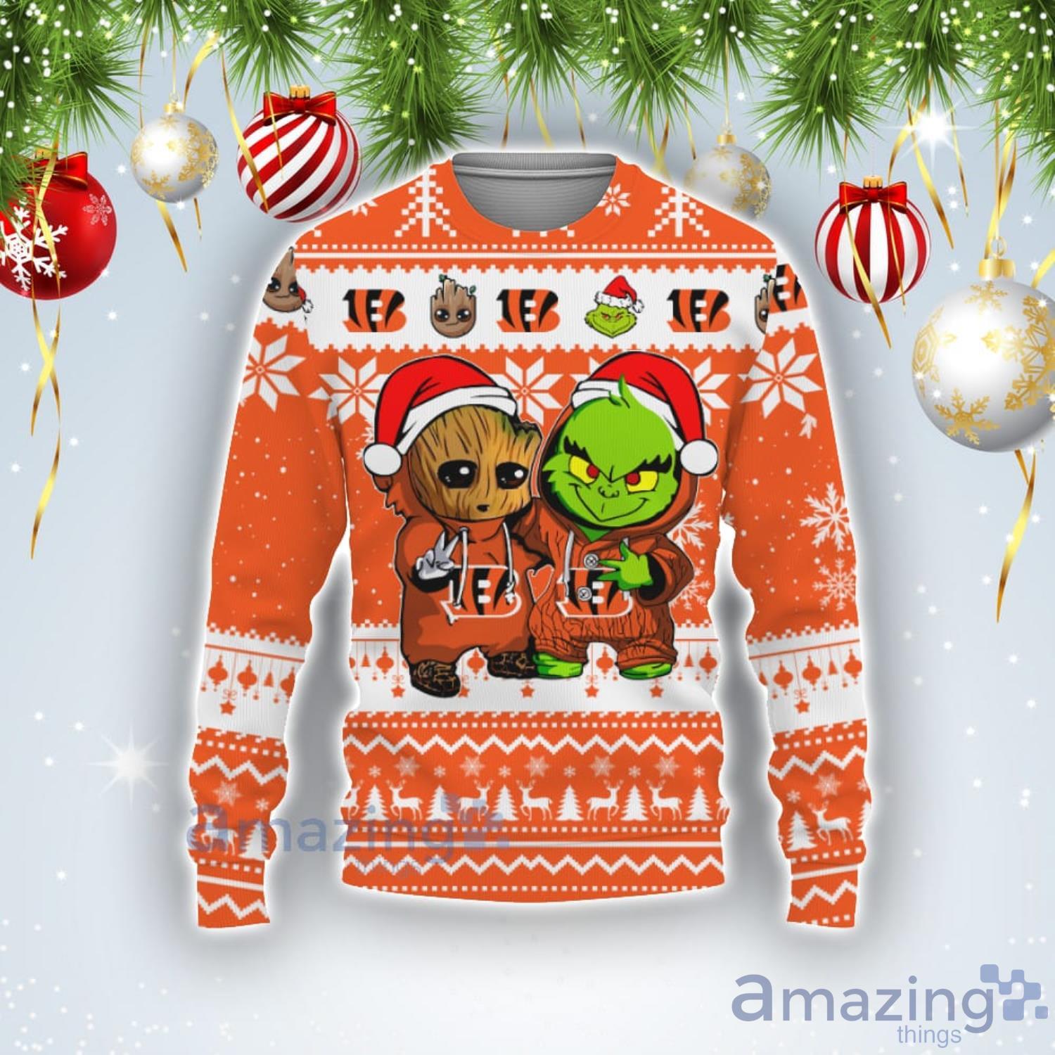 Cincinnati Bengals Baby Groot And Grinch Best Friends Football American Ugly Christmas Sweater Product Photo 1