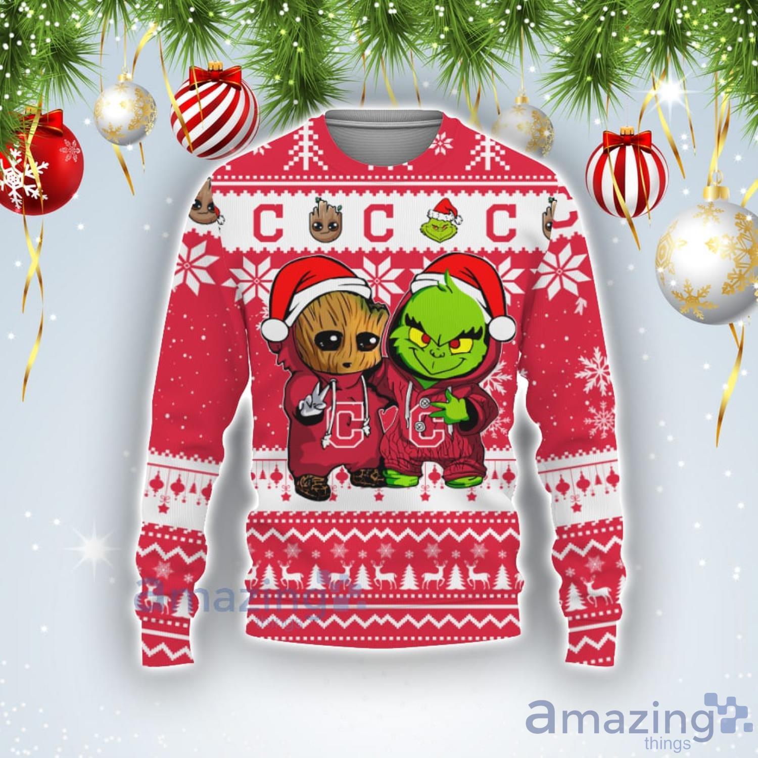 Cleveland Indians Baby Groot And Grinch Best Friends Football American Ugly Christmas Sweater Product Photo 1