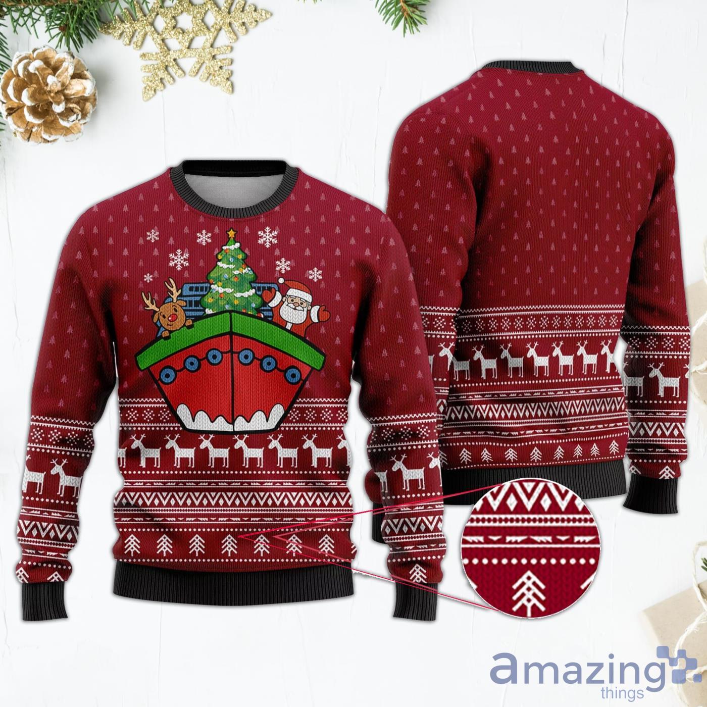 Cruise Santa And Boat Red Ugly Christmas Sweater Product Photo 1 Cruise Santa And Boat Red Ugly Christmas Sweater Product Photo 1